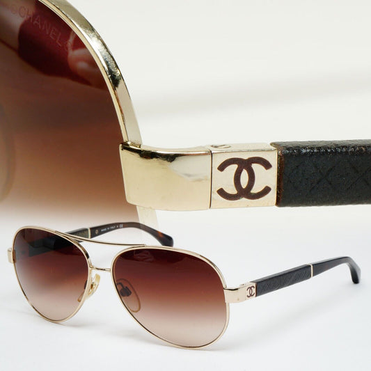 Chanel Sunglasses 2010 Vintage Pilot Gold Brown Leather 4195-Q c.395/3B 100125