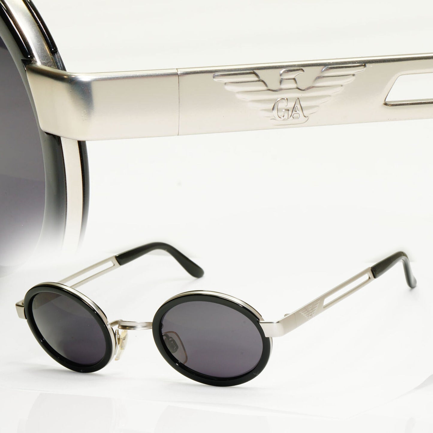 Emporio Armani Sunglasses 1997 Vintage Black Silver Oval Eagle 057-S 986
