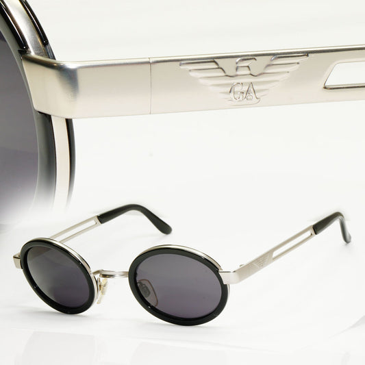 Emporio Armani Sunglasses 1997 Vintage Black Silver Oval Eagle 057-S 986