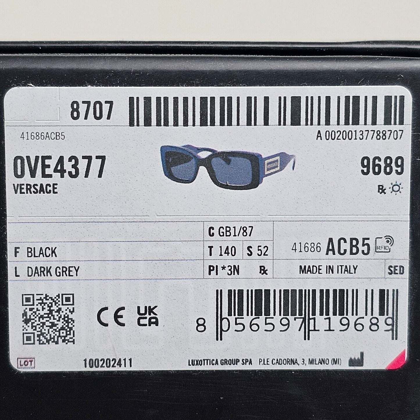 Versace Sunglasses Black Gold Square Dark Grey MOD VE 4377 GB1/87 52mm
