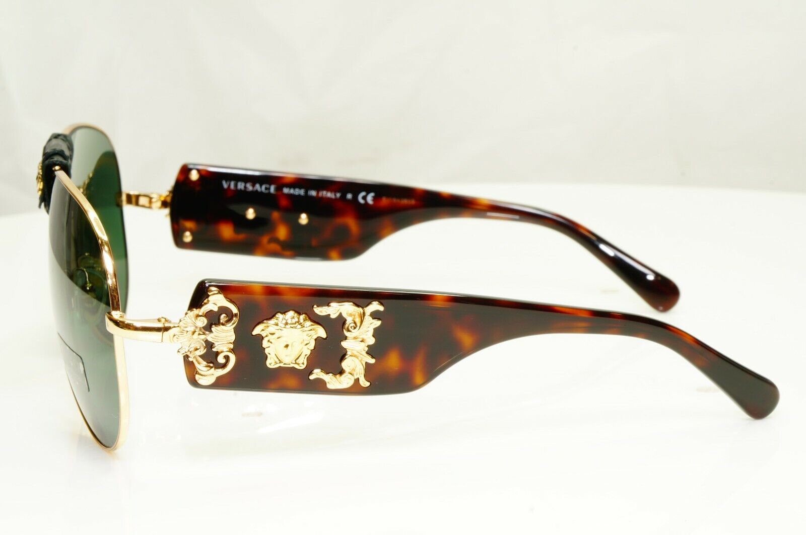 Versace Gold Medusa Ornate Brown Green Sunglasses Pilot Tortoise 2150-Q 1002/71