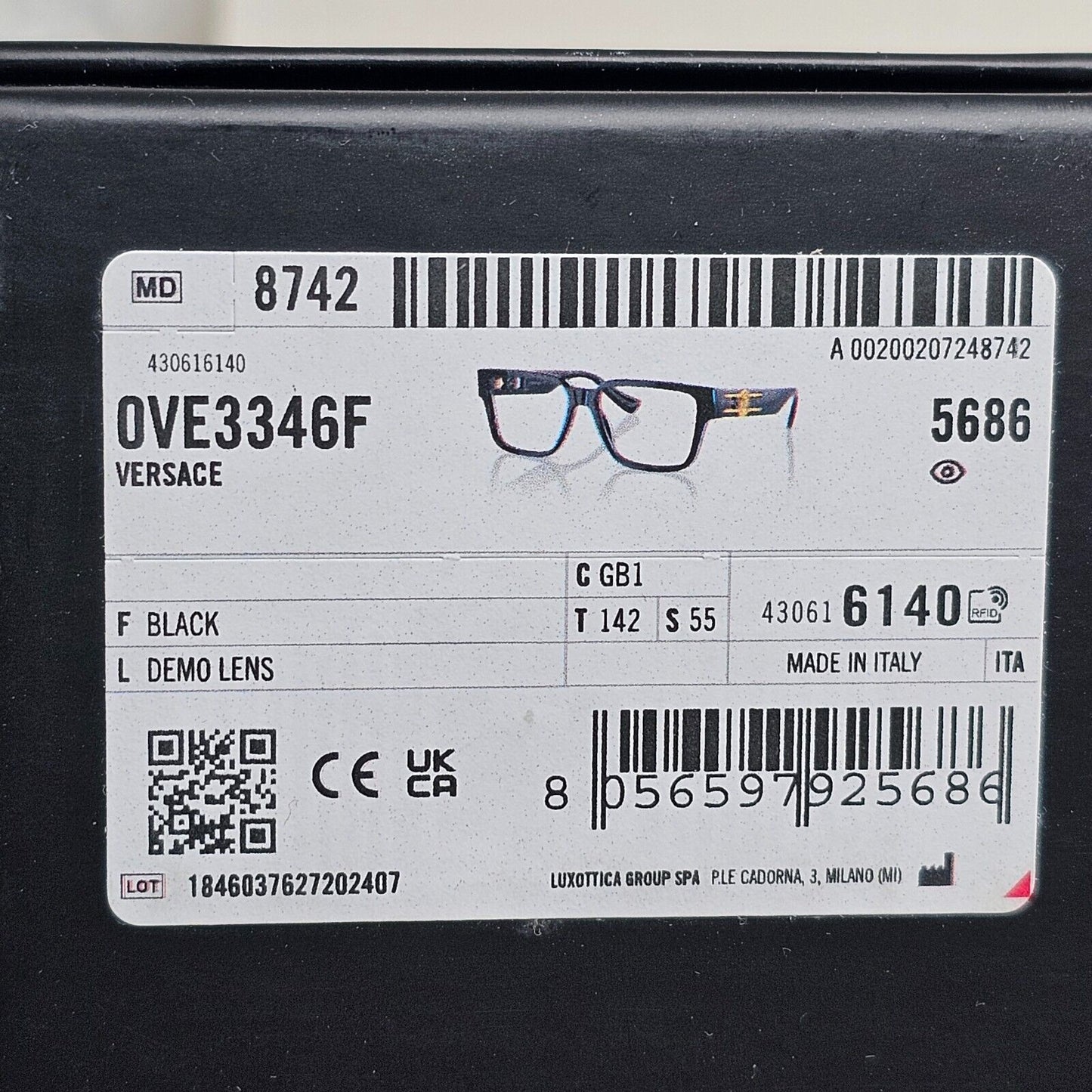 Versace Sunglasses Black Gold Medusa Square MOD VE 3346-F GB1 55mm