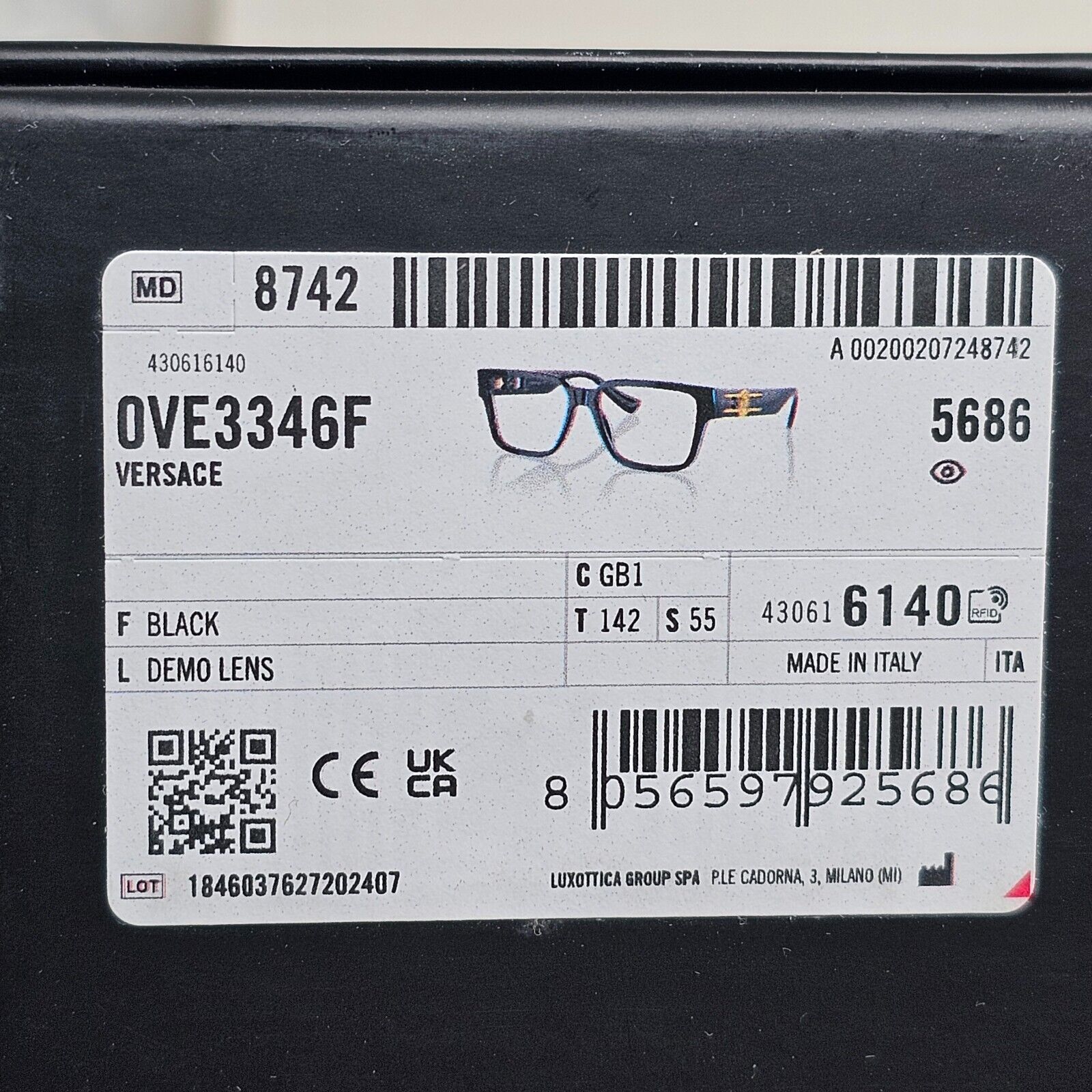 Versace Sunglasses Black Gold Medusa Square MOD VE 3346-F GB1 55mm