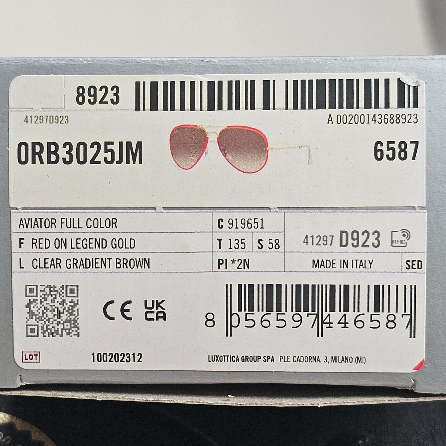 Ray-Ban Sunglasses Aviator Full Color Red Gold Brown RB 3025-J-M 9196/51 58mm