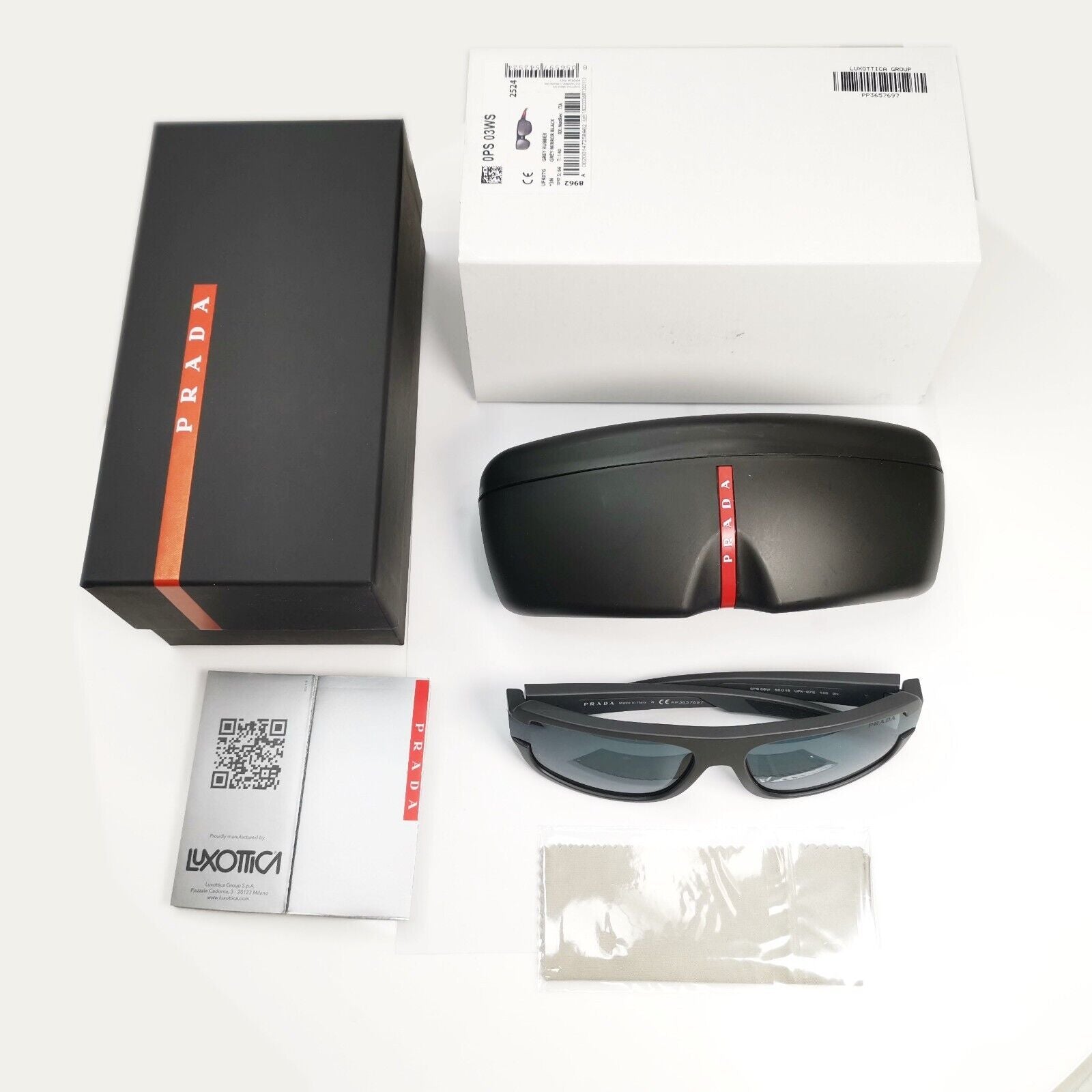 Prada Sunglasses Grey Mirror Red Stripe Rossa Rectangle SPS 03W UFK-07G PS03WS