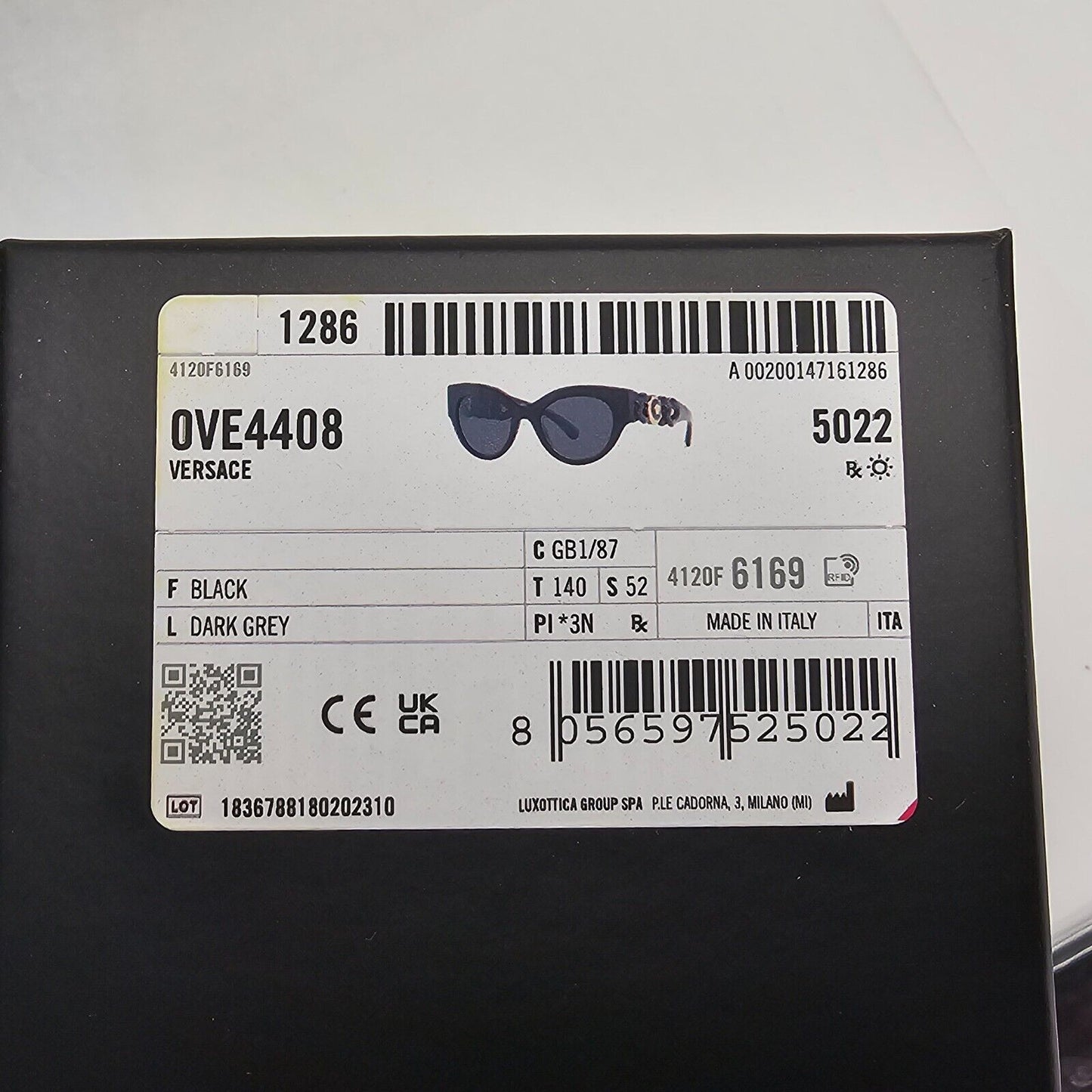 Versace Sunglasses Chain Black Gold Medusa Dark Grey MOD VE 4408 GB1/87 52mm