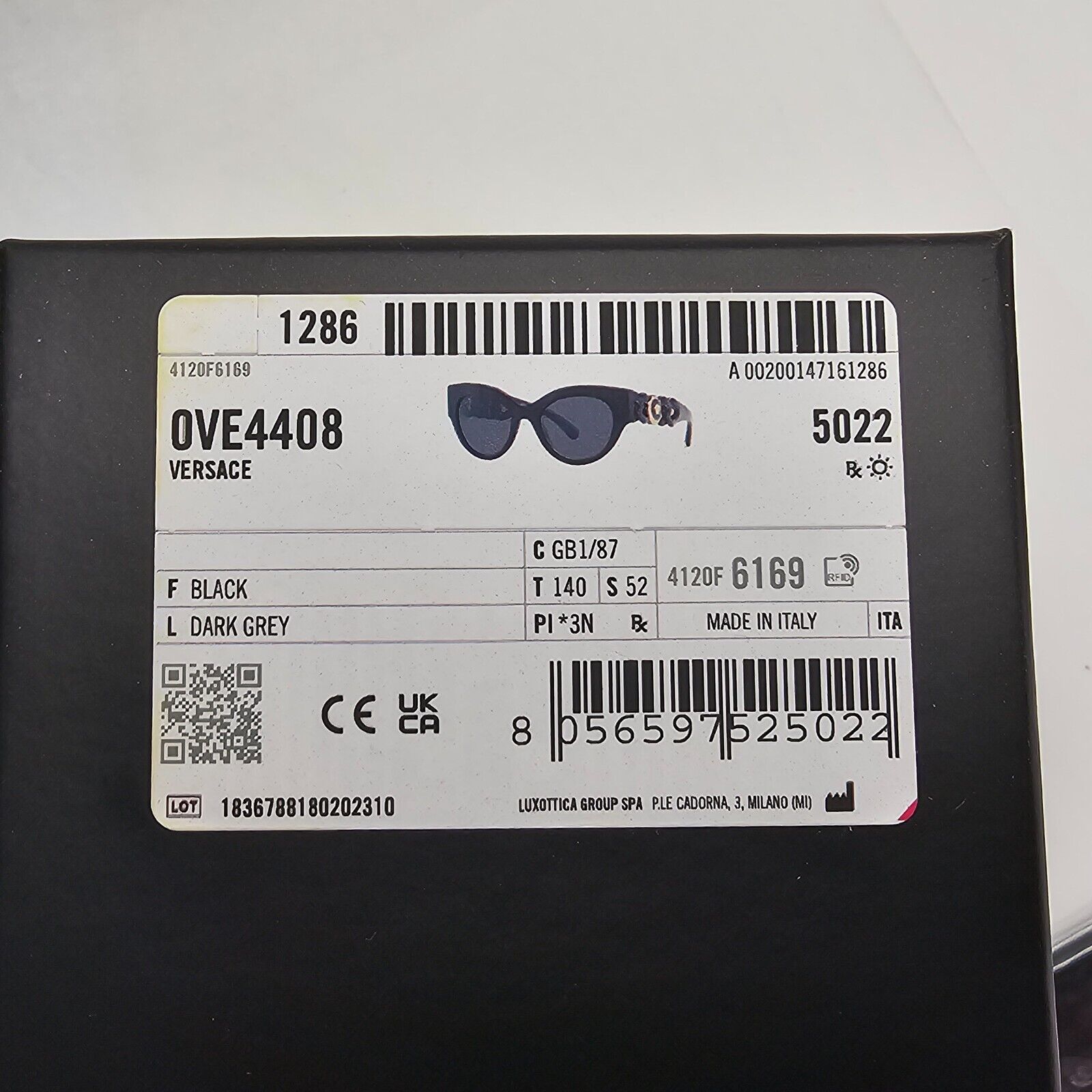Versace Sunglasses Chain Black Gold Medusa Dark Grey MOD VE 4408 GB1/87 52mm