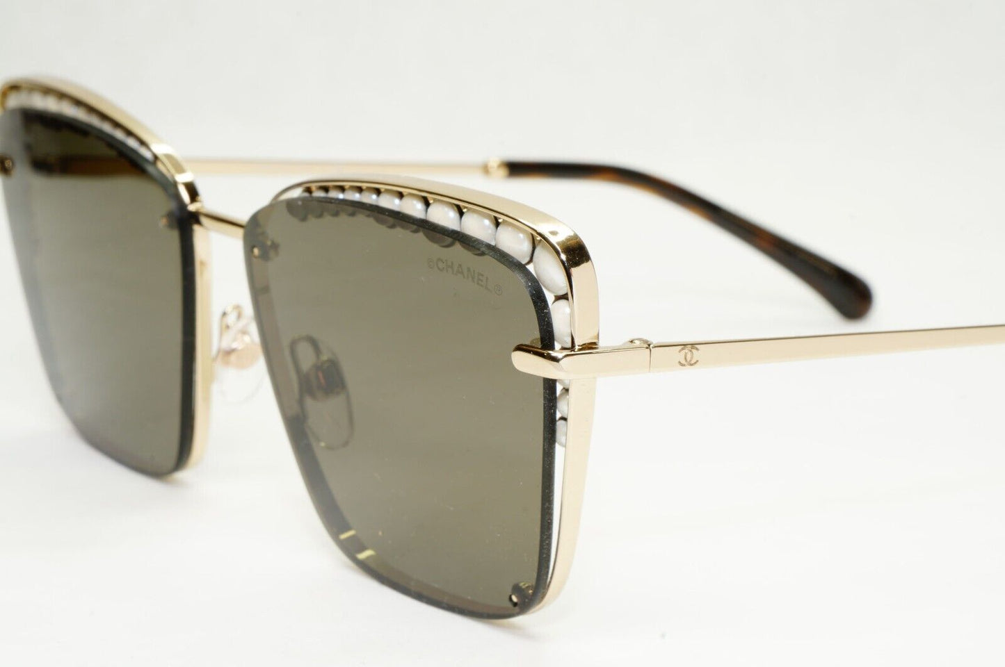 Chanel Sunglasses Gold Pearl Square Metal Pale Brown Green 4235-H C395/S7 041223