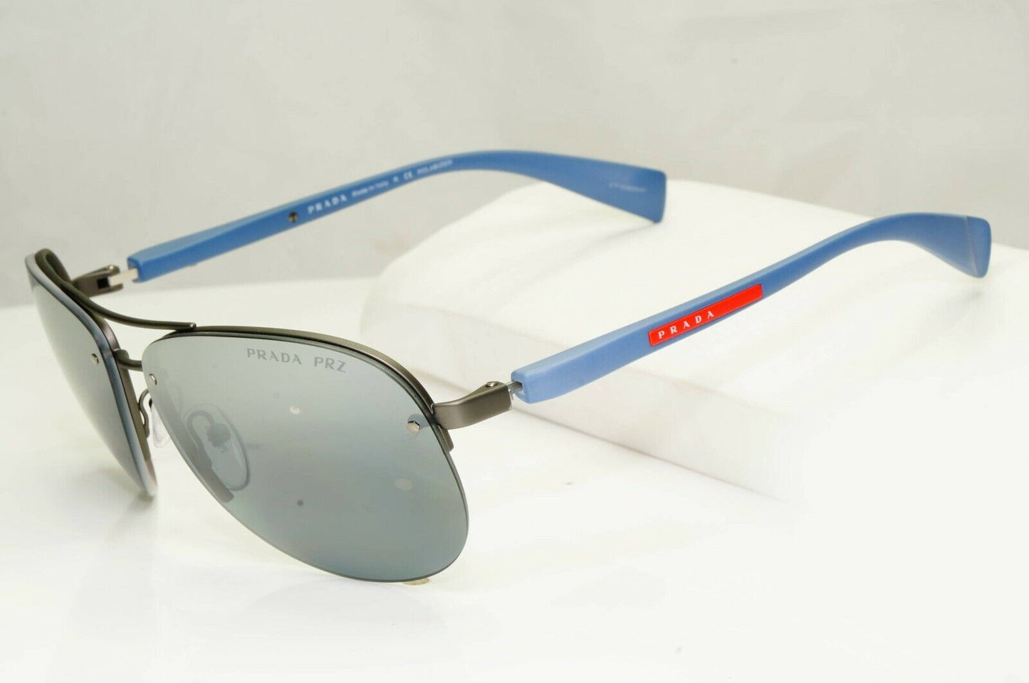 Prada Polarized Blue Sunglasses Silver Mirror Pilot 62mm Mens SPS 56M DG1-2F2