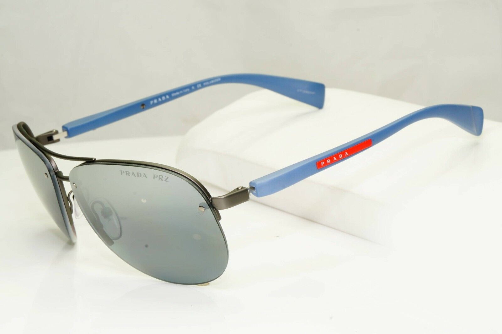 Prada Polarized Blue Sunglasses Silver Mirror Pilot 62mm Mens SPS 56M DG1-2F2