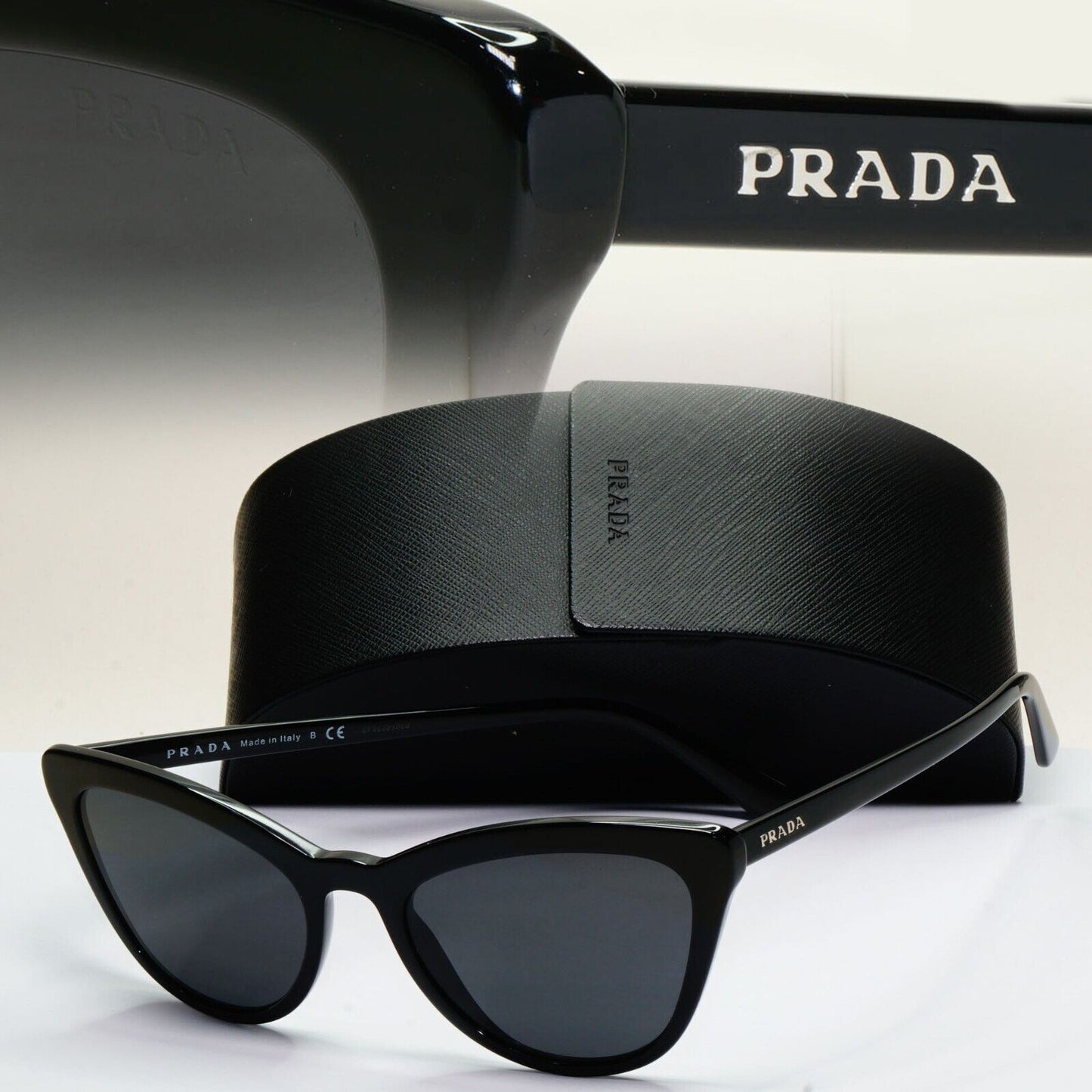 Prada Sunglasses Black Cat Eye Glossy PR01VS SPR 01V 1AB-5S0 56mm 050824