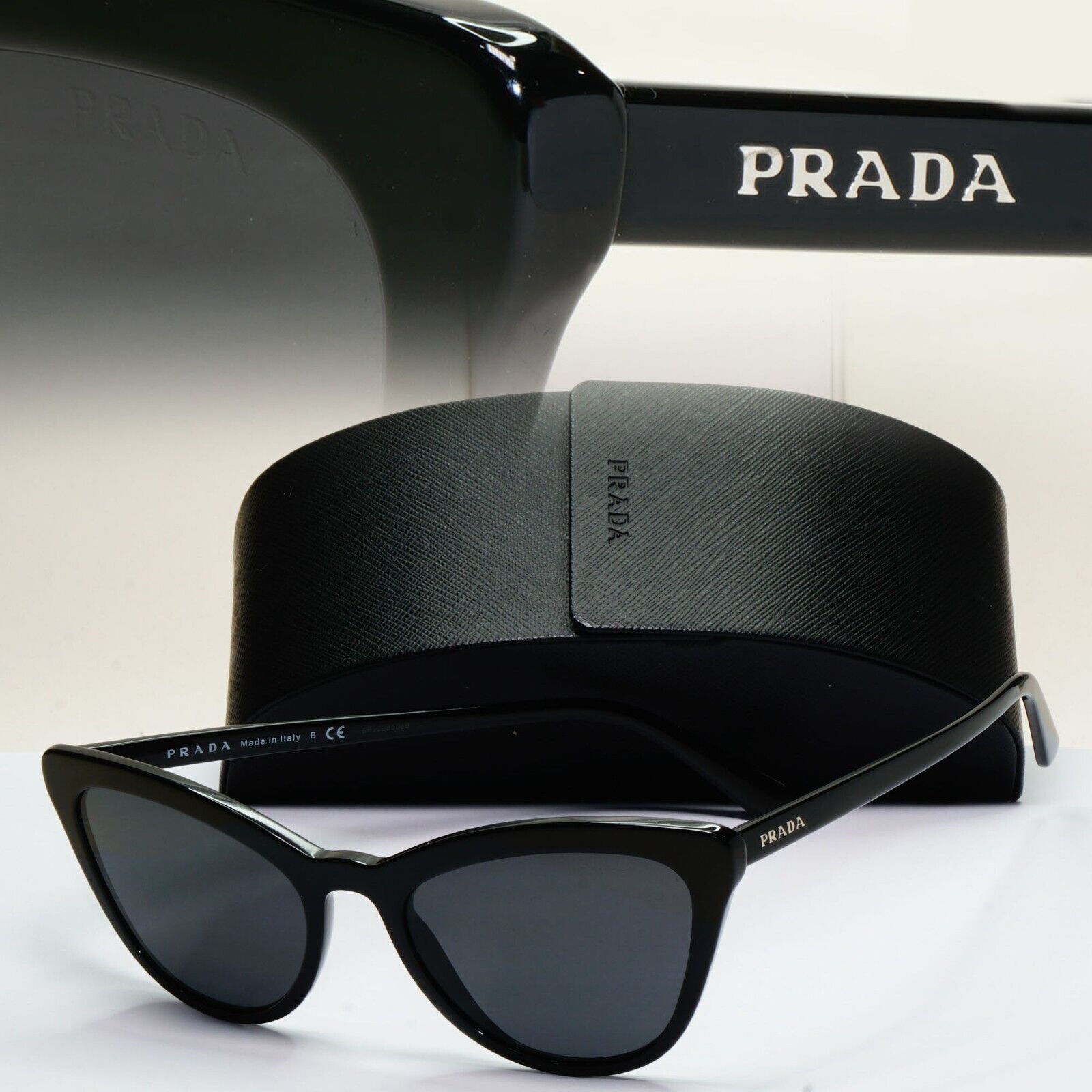 Prada Sunglasses Black Cat Eye Glossy PR01VS SPR 01V 1AB-5S0 56mm 050824