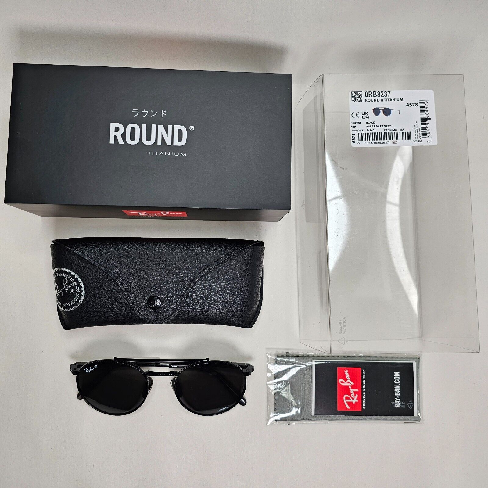 Ray-Ban Sunglasses Round II Titanium Polarised Black RB 8237 3141/K8 53mm
