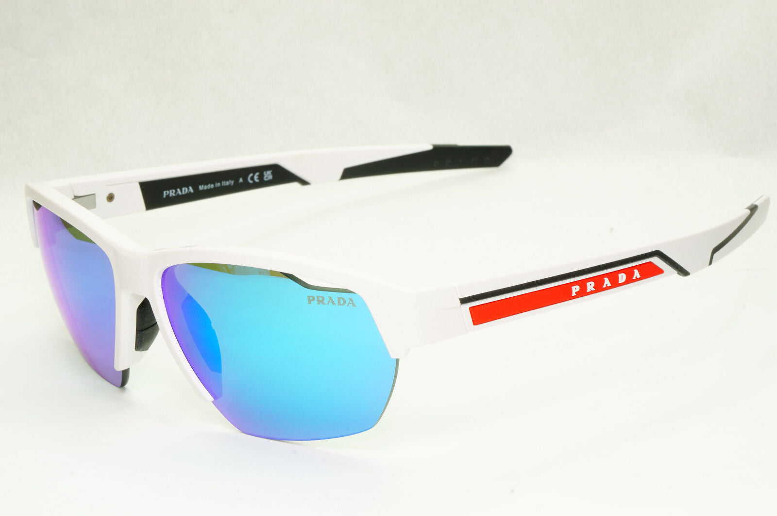 Prada Sunglasses White Blue Mirror Wrap Sport Red Stripe PS03YS SPS 03Y AAI-08R
