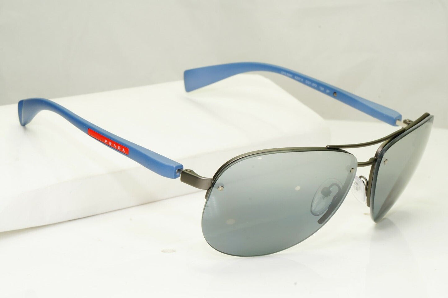 Prada Polarized Blue Sunglasses Silver Mirror Pilot 62mm Mens SPS 56M DG1-2F2
