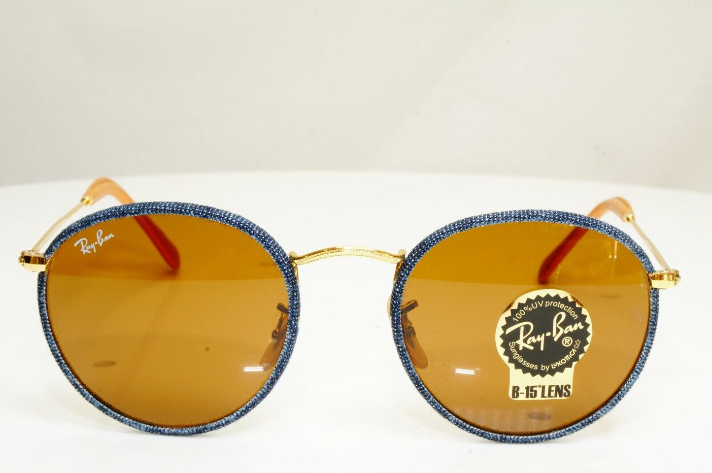 Ray-Ban Round Gold Sunglasses Blue Brown Craft Denim RB 3475-Q 9192/33 30674