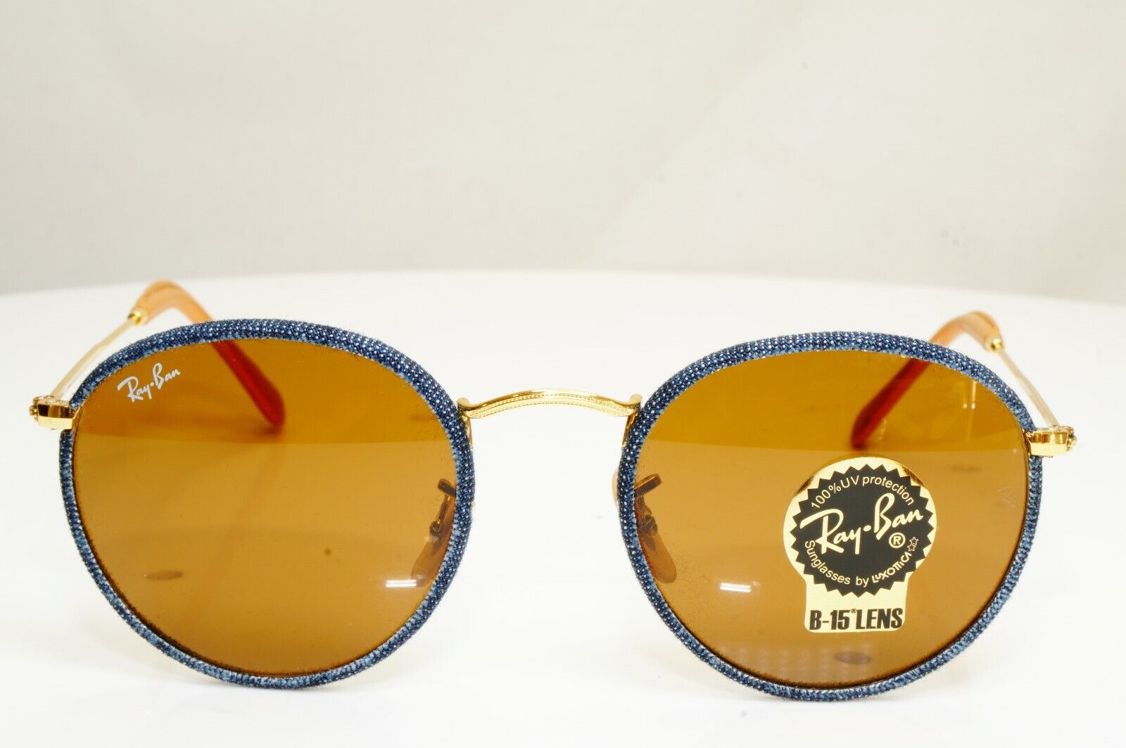Ray-Ban Round Gold Sunglasses Blue Brown Craft Denim RB 3475-Q 9192/33 30674