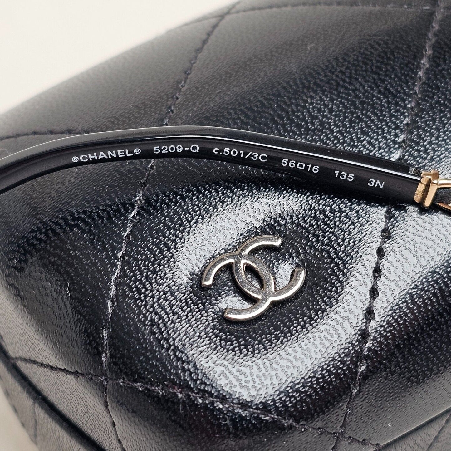 Chanel Sunglasses Black Gold Leather Chain Rectangle 5209-Q c.501/3C 050225