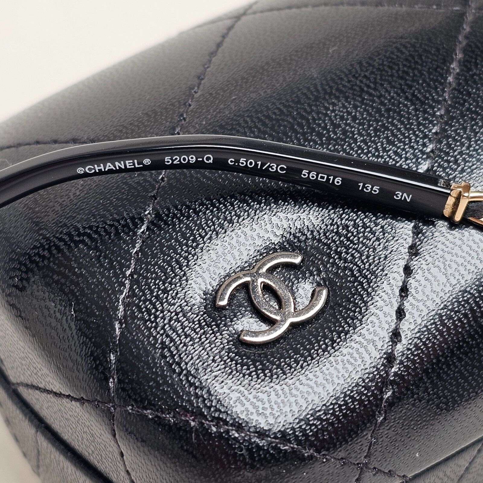 Chanel Sunglasses Black Gold Leather Chain Rectangle 5209-Q c.501/3C 050225