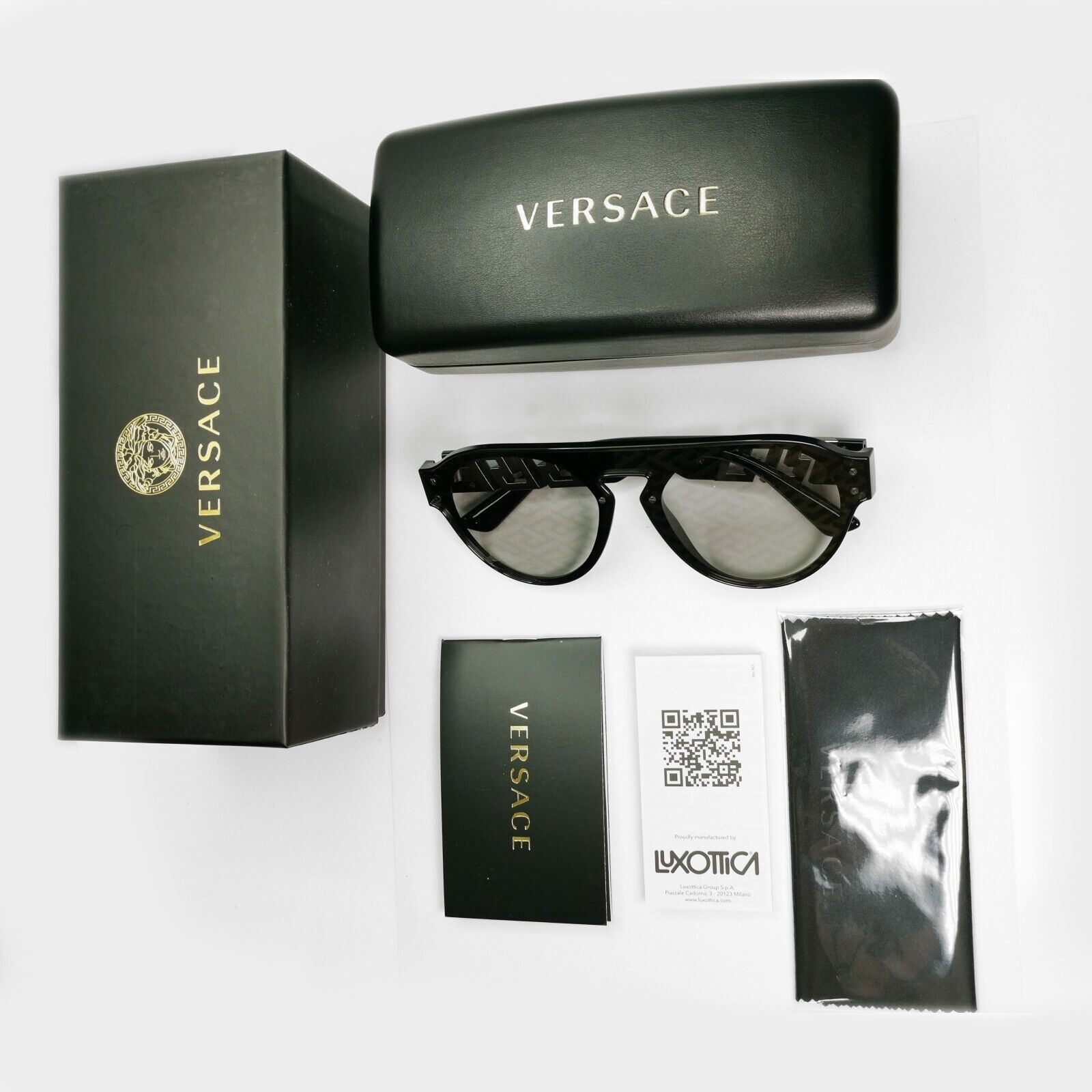 Versace Monogram Mirror Sunglasses Black Silver Pattern Pilot VE 4420 GB1/AL