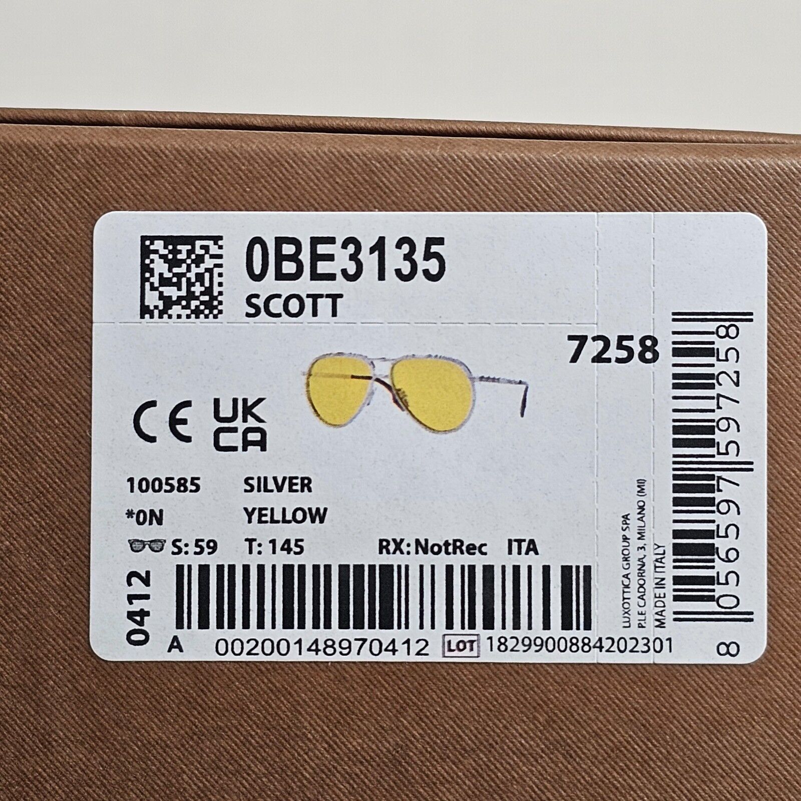Burberry Sunglasses Scott Silver Yellow Metal Pilot BE 3135 1005/85 59mm