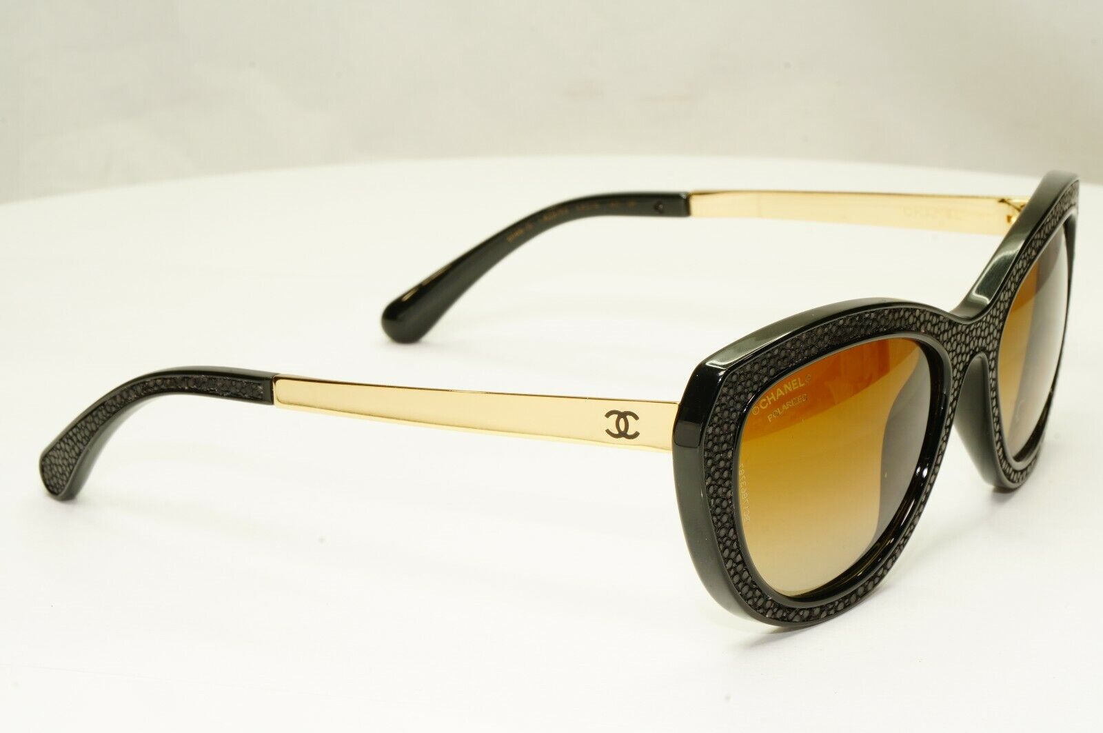 Chanel Stingray Leather Sunglasses Polarized Black Gold Brown 6046-Q 622/S9