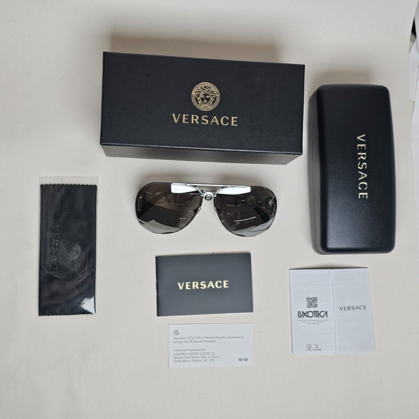 Versace Sunglasses Oversized Pilot Silver Medusa Mirror MOD VE 2255 1000/6G