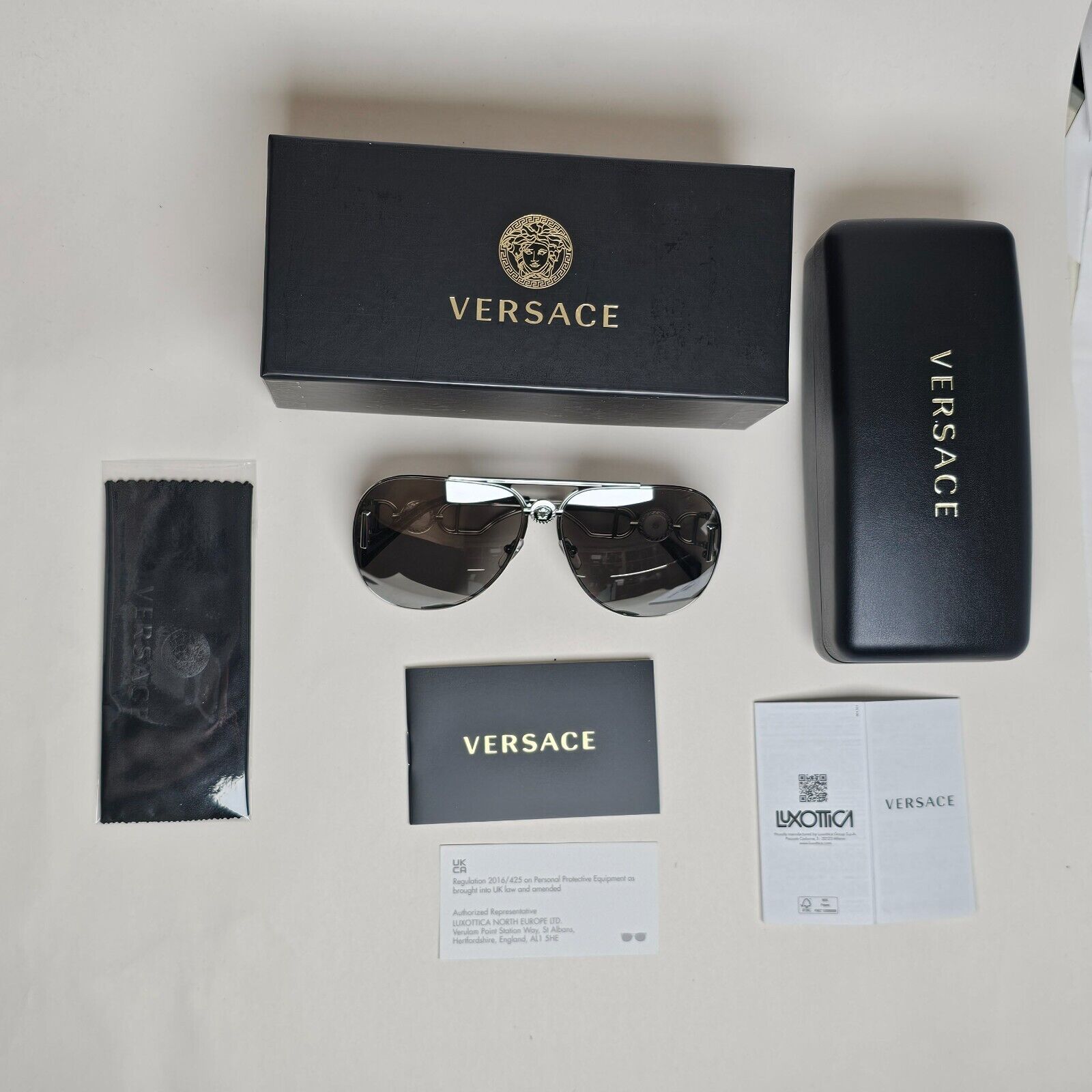 Versace Sunglasses Oversized Pilot Silver Medusa Mirror MOD VE 2255 1000/6G