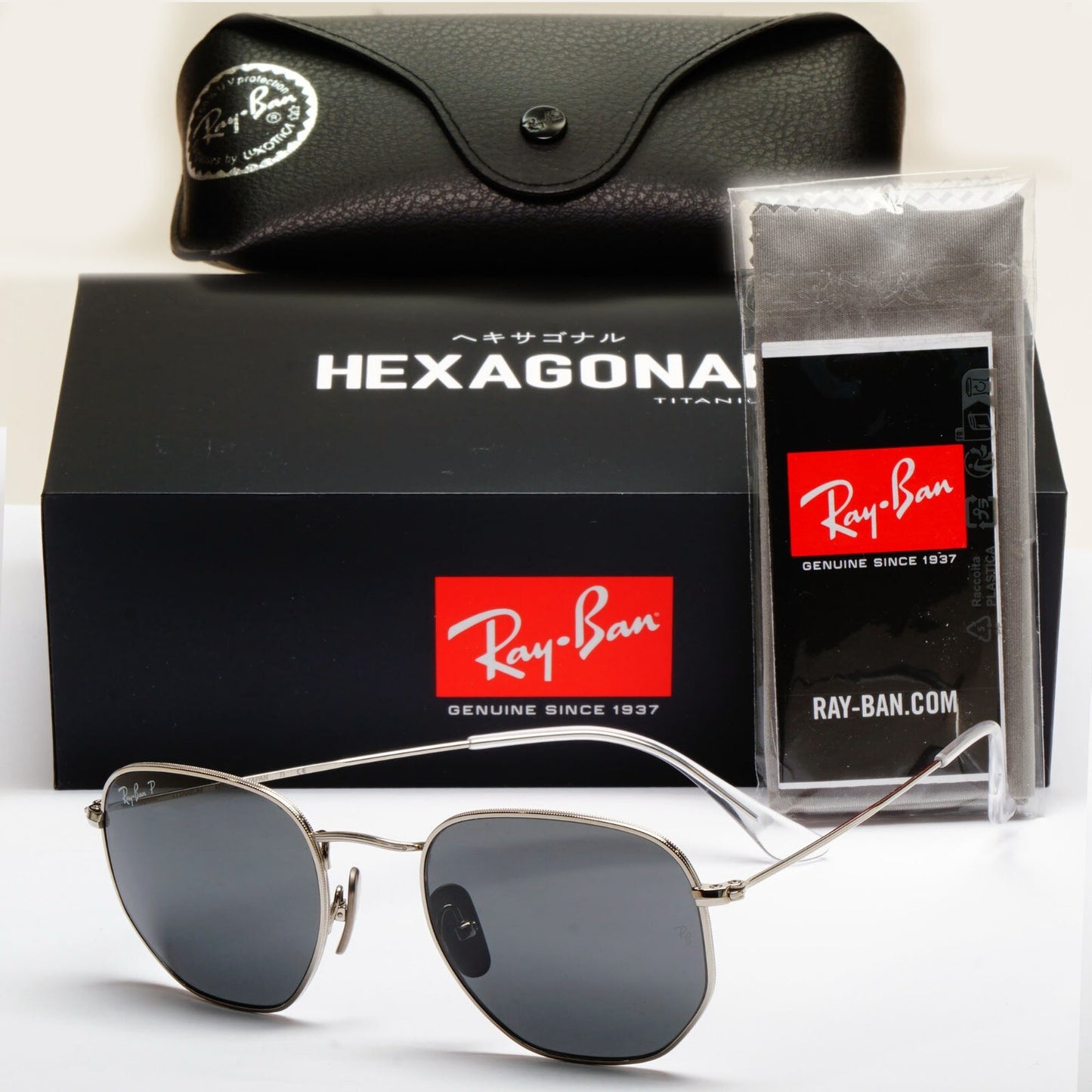 Ray-Ban Sunglasses Hexagonal Titanium Polarised Silver Black RB 8148 9209/48 51m