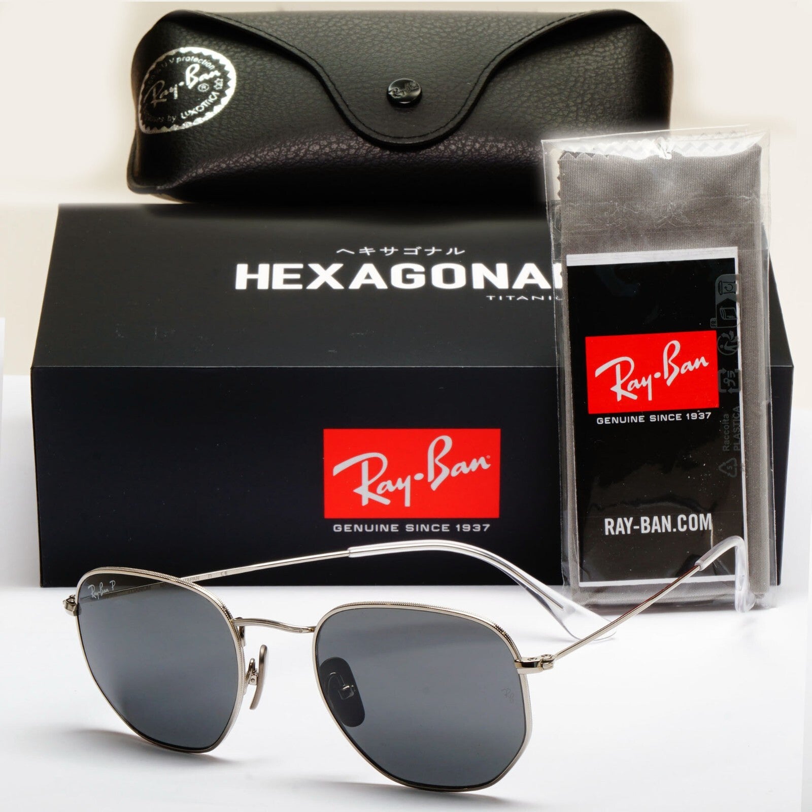 Ray-Ban Sunglasses Hexagonal Titanium Polarised Silver Black RB 8148 9209/48 51m