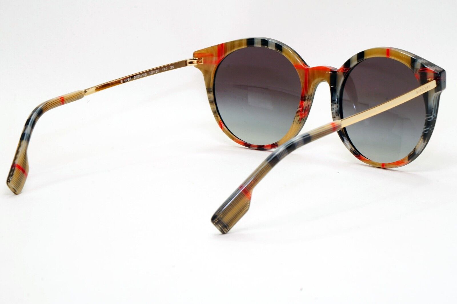Burberry Sunglasses Black Gold Grey Gradient Round Plaid Check BE 4296 3806/8G