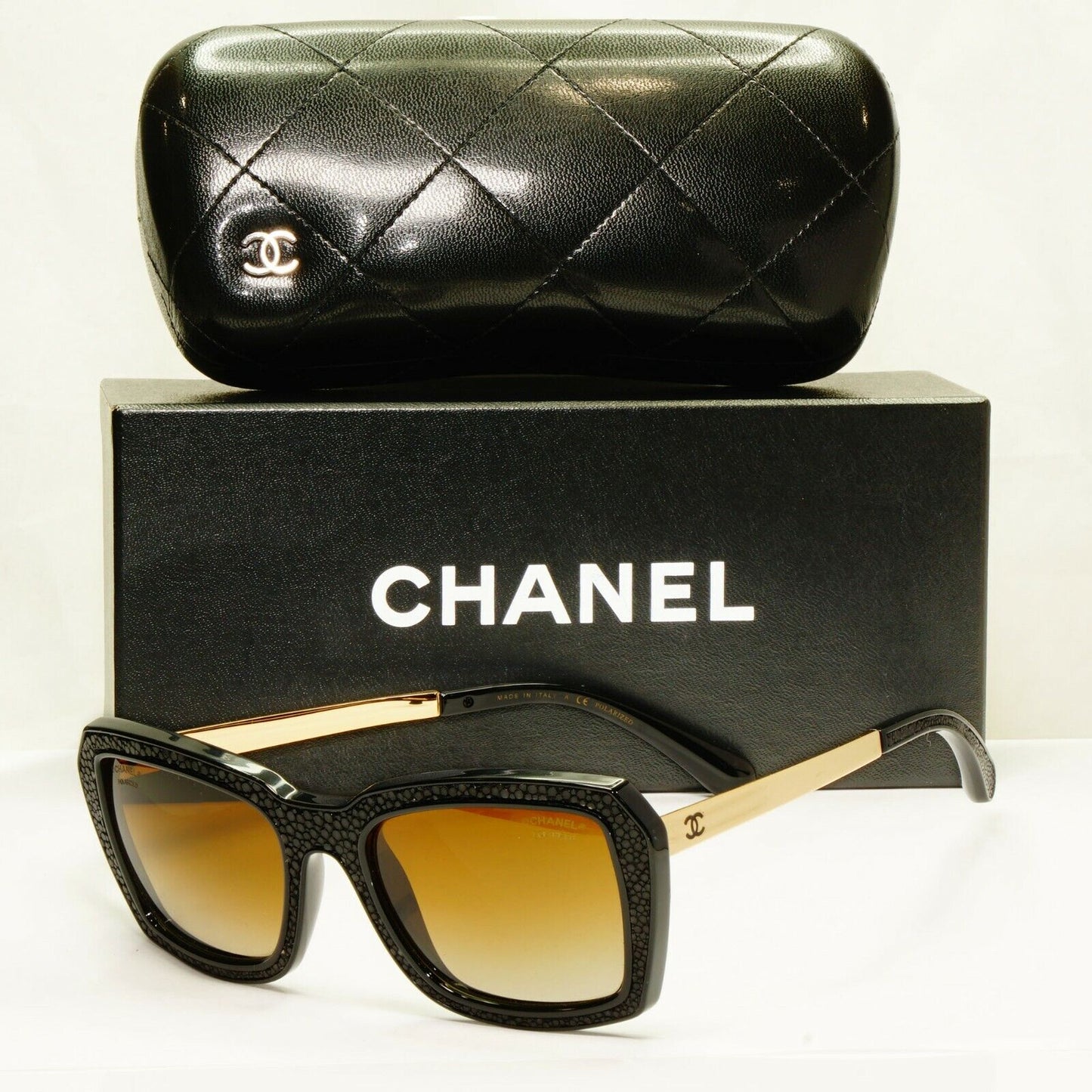 Chanel Stingray Leather Sunglasses Polarized Black Gold Brown 6047-Q 622/S9
