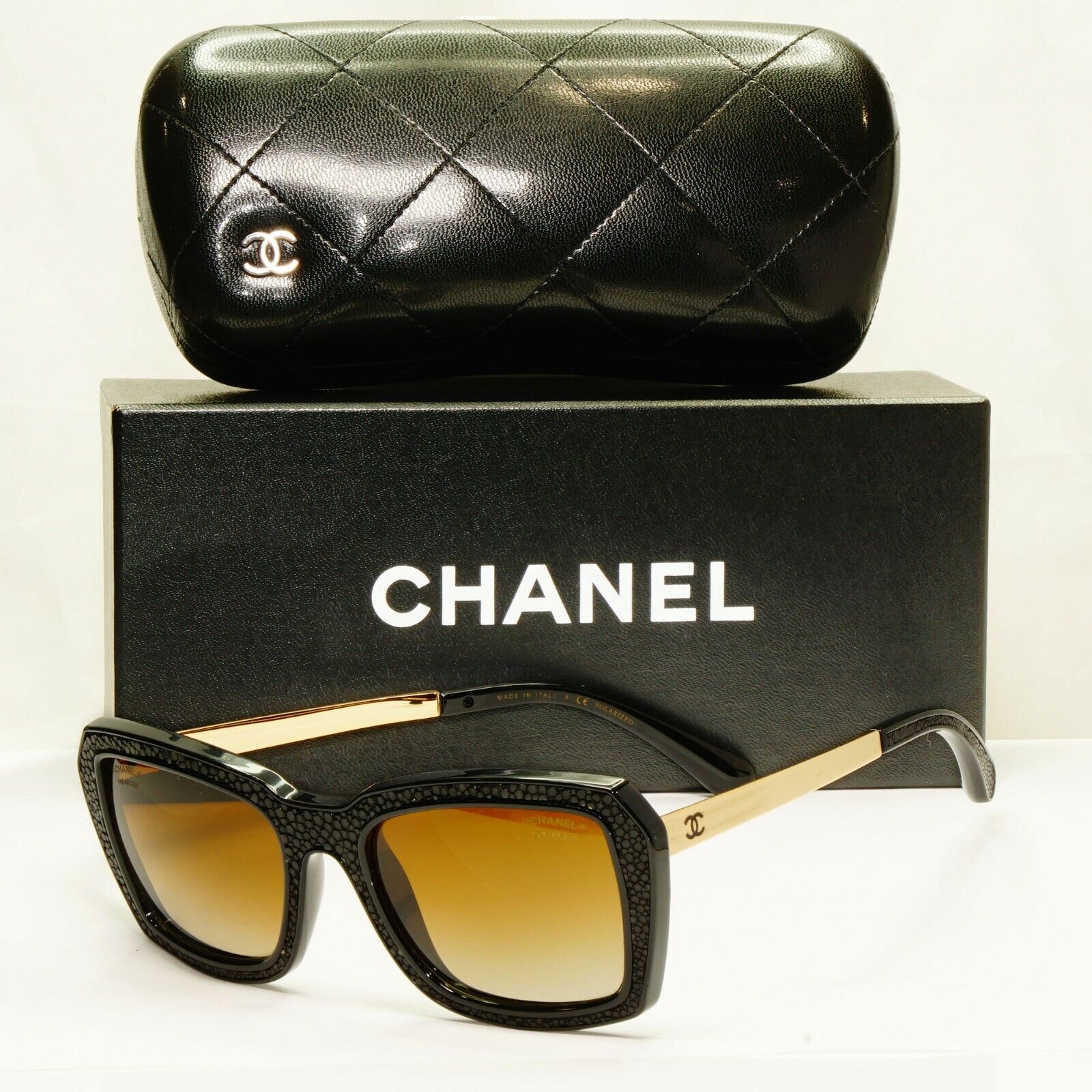 Chanel Stingray Leather Sunglasses Polarized Black Gold Brown 6047-Q 622/S9