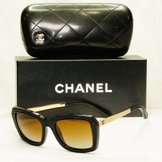 Chanel Stingray Leather Sunglasses Polarized Black Gold Brown 6047-Q 622/S9