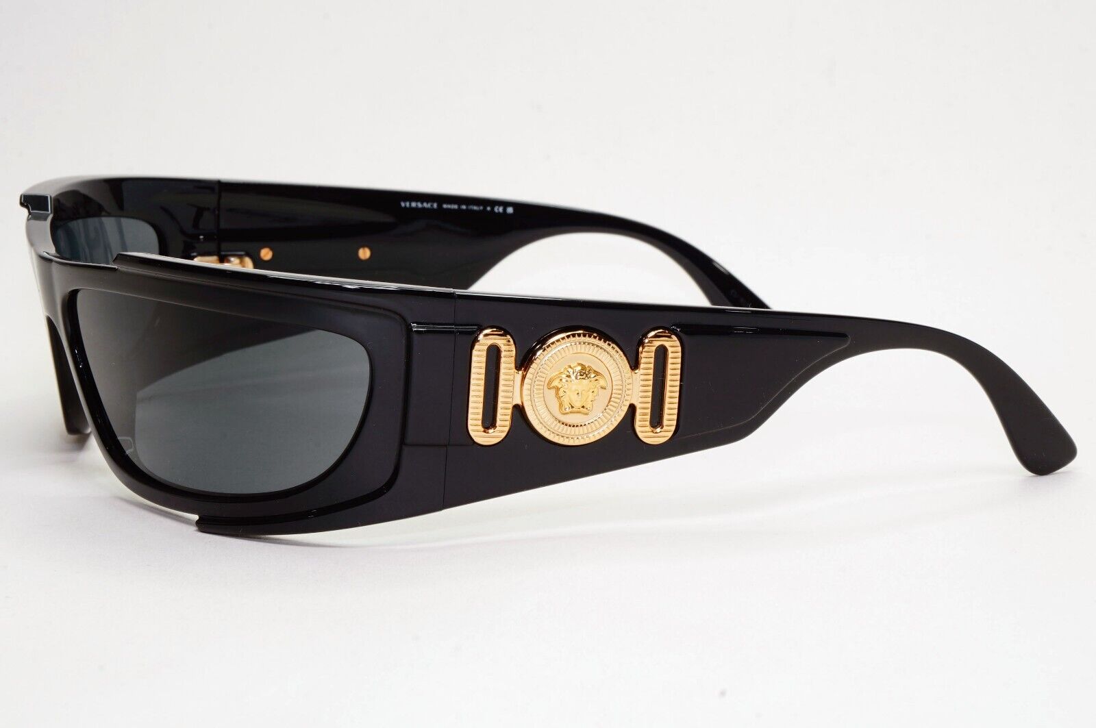 Versace Sunglasses Black Gold Medusa Glossy Wrap MOD VE 4446 5360/87
