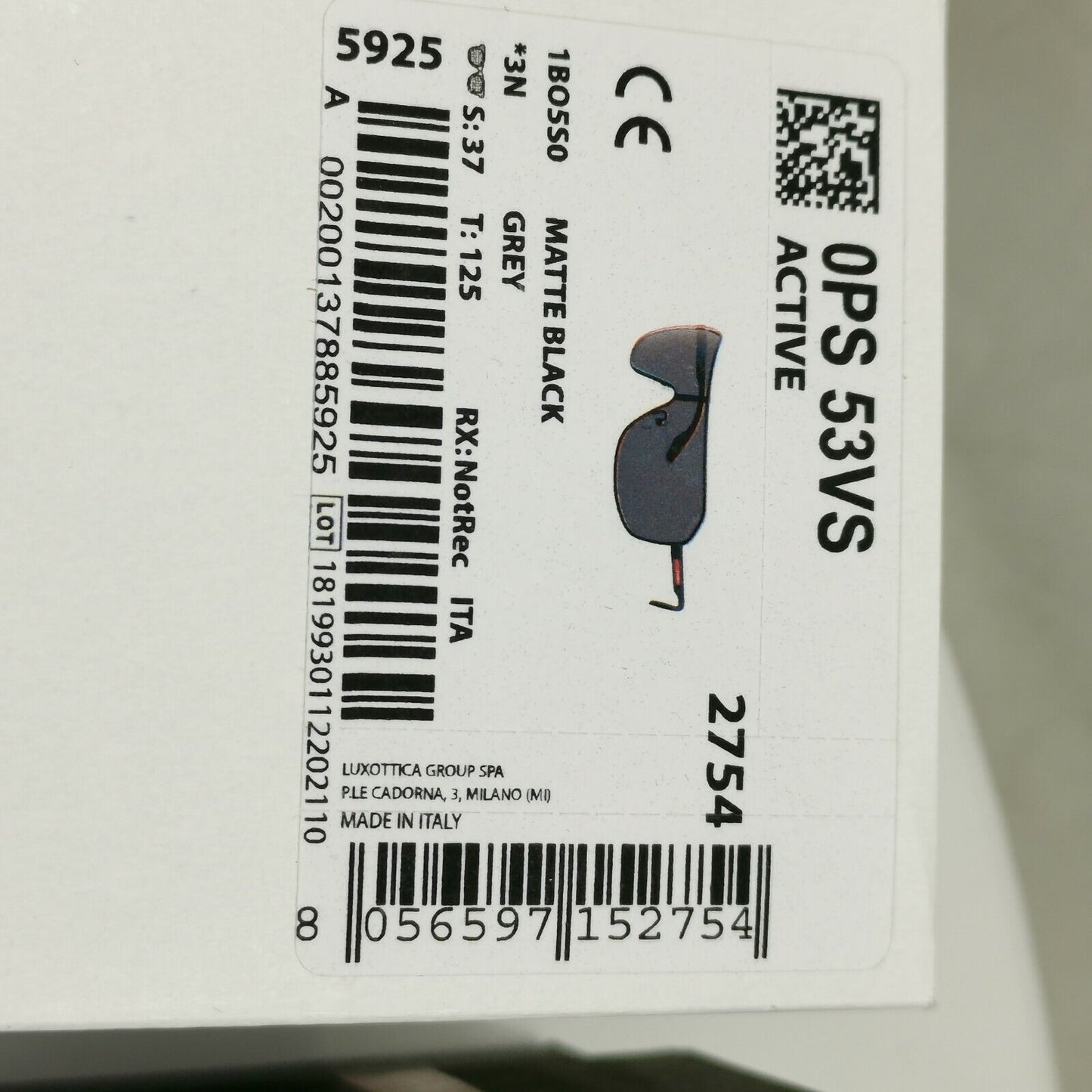 Prada Sunglasses Black Shield Visor Wrap Sport PS53VS SPS 53V 1BO-5S0 Red Stripe