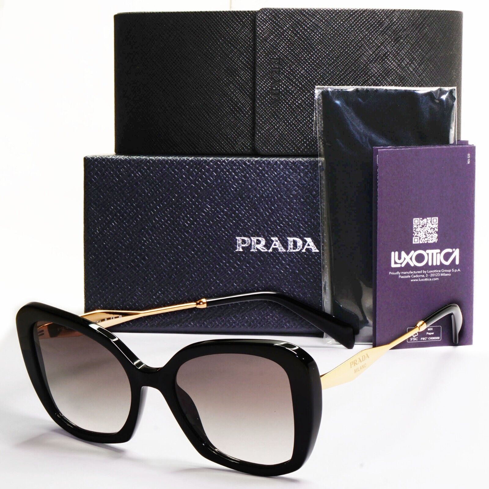 Prada Sunglasses Black Gold Square Grey Gradient Milano PR03YS SPR 03Y 1AB-0A7