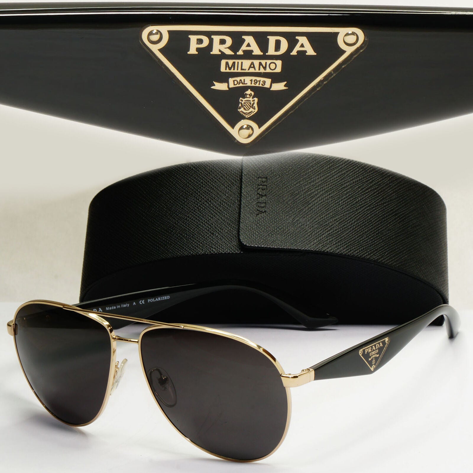 Prada Sunglasses Triangle Logo Black Gold Pilot PR53QS SPR 53Q ZVN-5Z1 130224