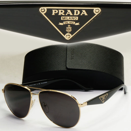 Prada Sunglasses Triangle Logo Black Gold Pilot PR53QS SPR 53Q ZVN-5Z1 130224