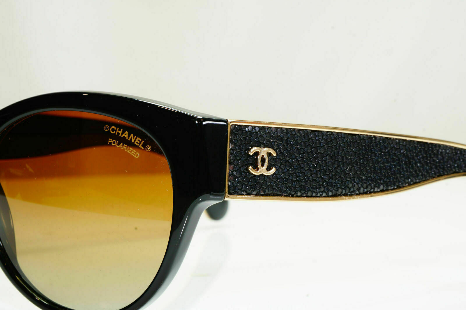 Chanel Polarized Stingray Leather Sunglasses Black Gold Womens 5273 622/S0 26743