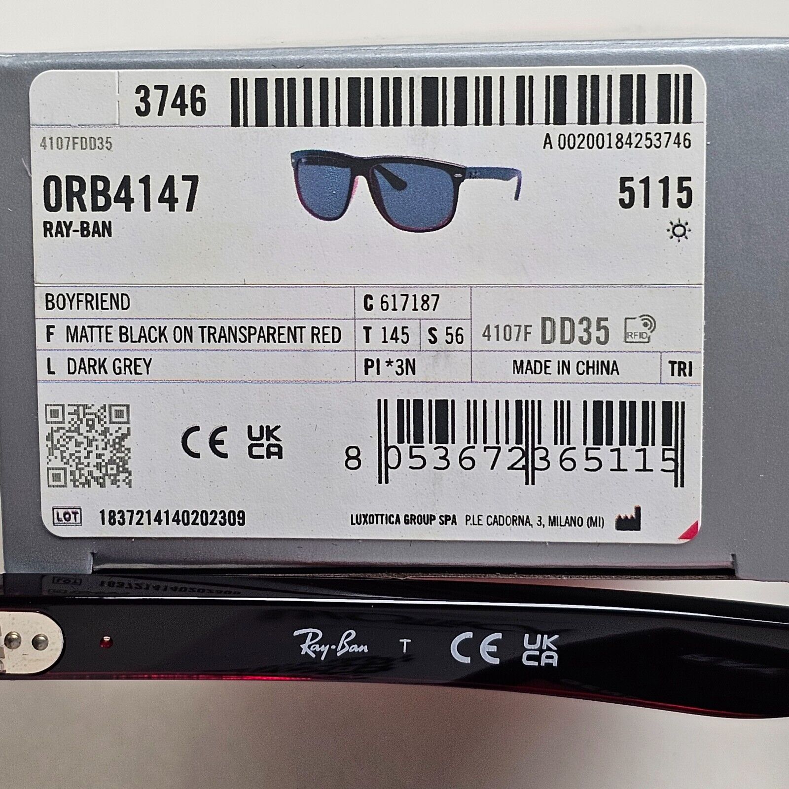 Ray-Ban Sunglasses Boyfriend Black Matte Square 6171/87 56mm