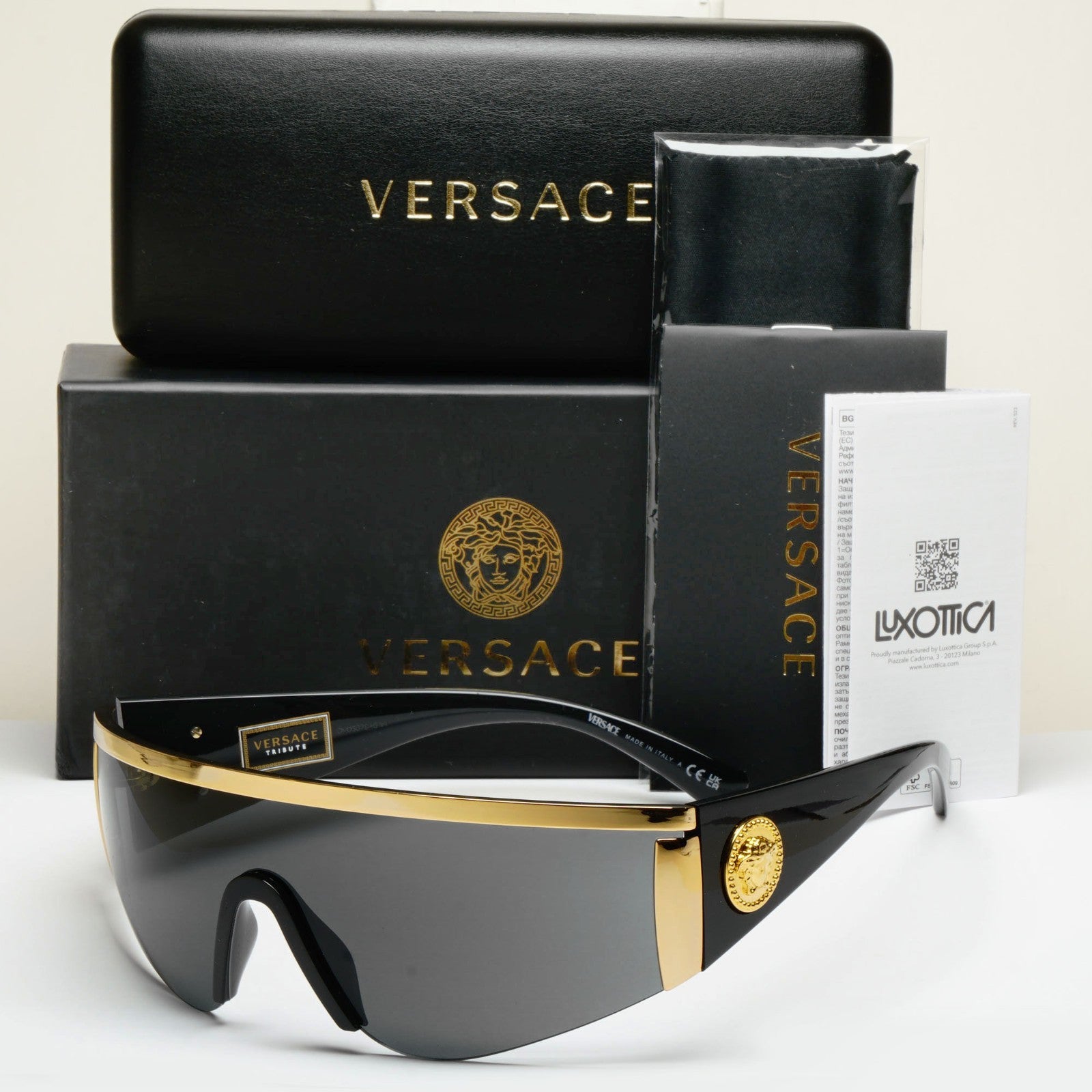 Versace Sunglasses Gold Medusa Shield Visor Black 1996 Tribute MOD 2197 1000/87