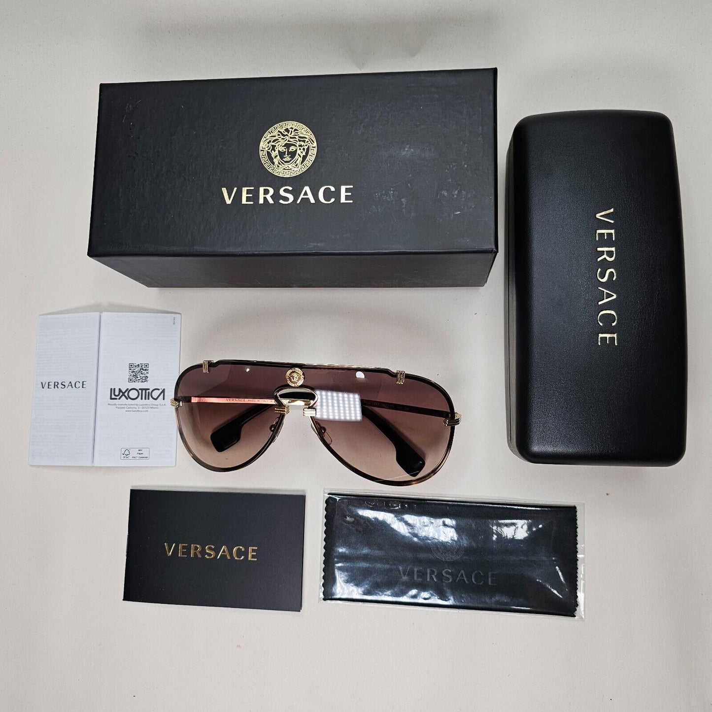 Versace Sunglasses Gold Brown Gradient Medusa Pilot Shield MOD VE 2243 1002/13