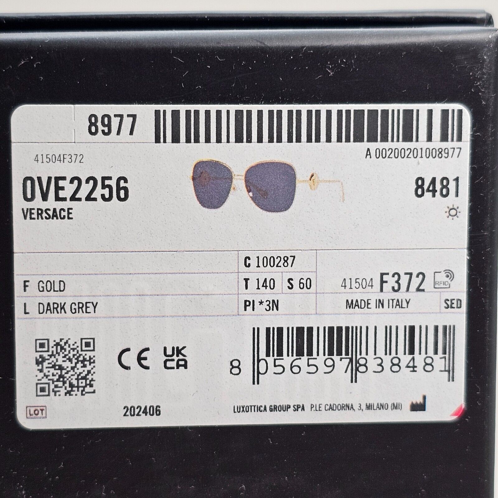 Versace Sunglasses Gold Medusa Metal Black Square Large MOD VE 2256 1002/87 60mm
