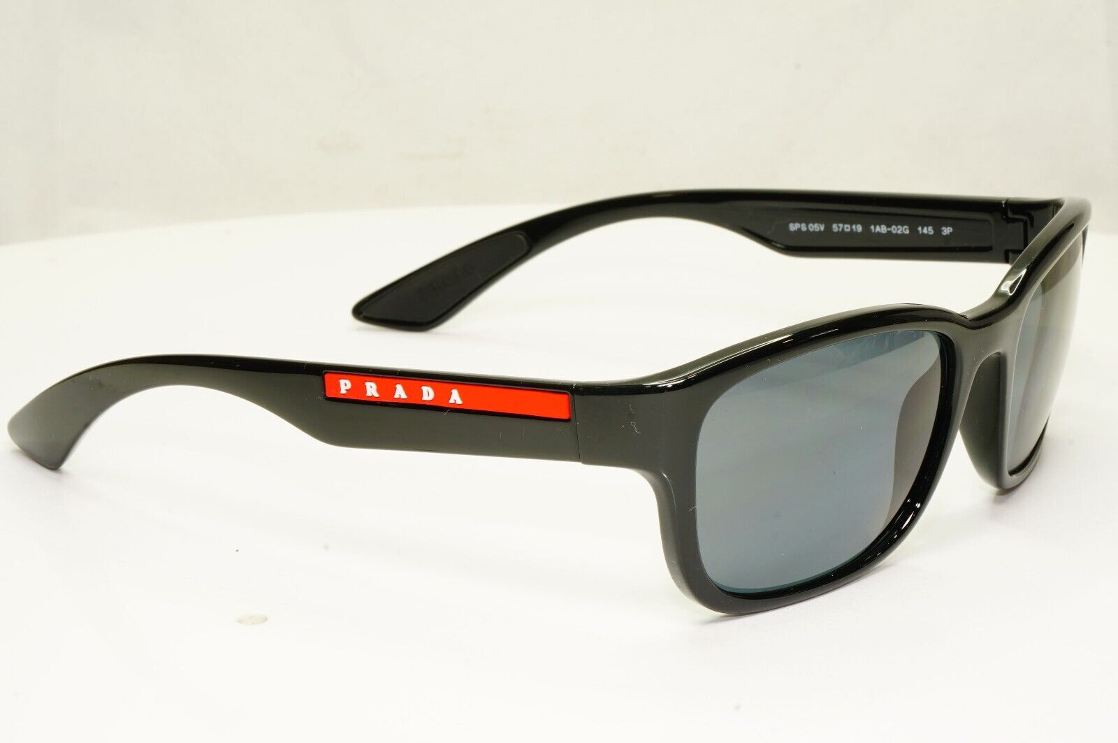 Prada Polarized Black Grey Sunglasses Square Mens Red Stripe SPS 05V 1AB-02G [A]