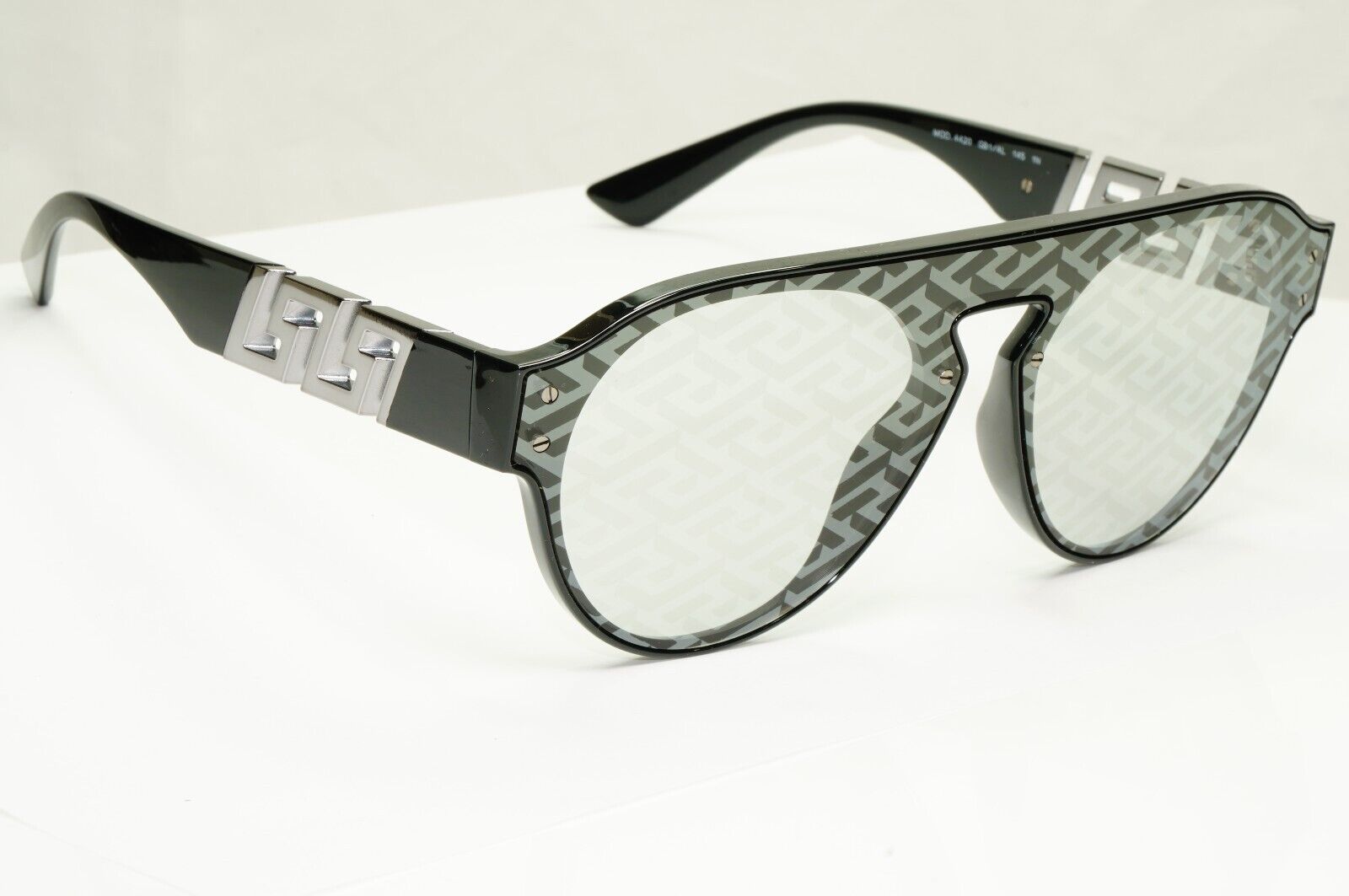 Versace Monogram Mirror Sunglasses Black Silver Pattern Pilot VE 4420 GB1/AL