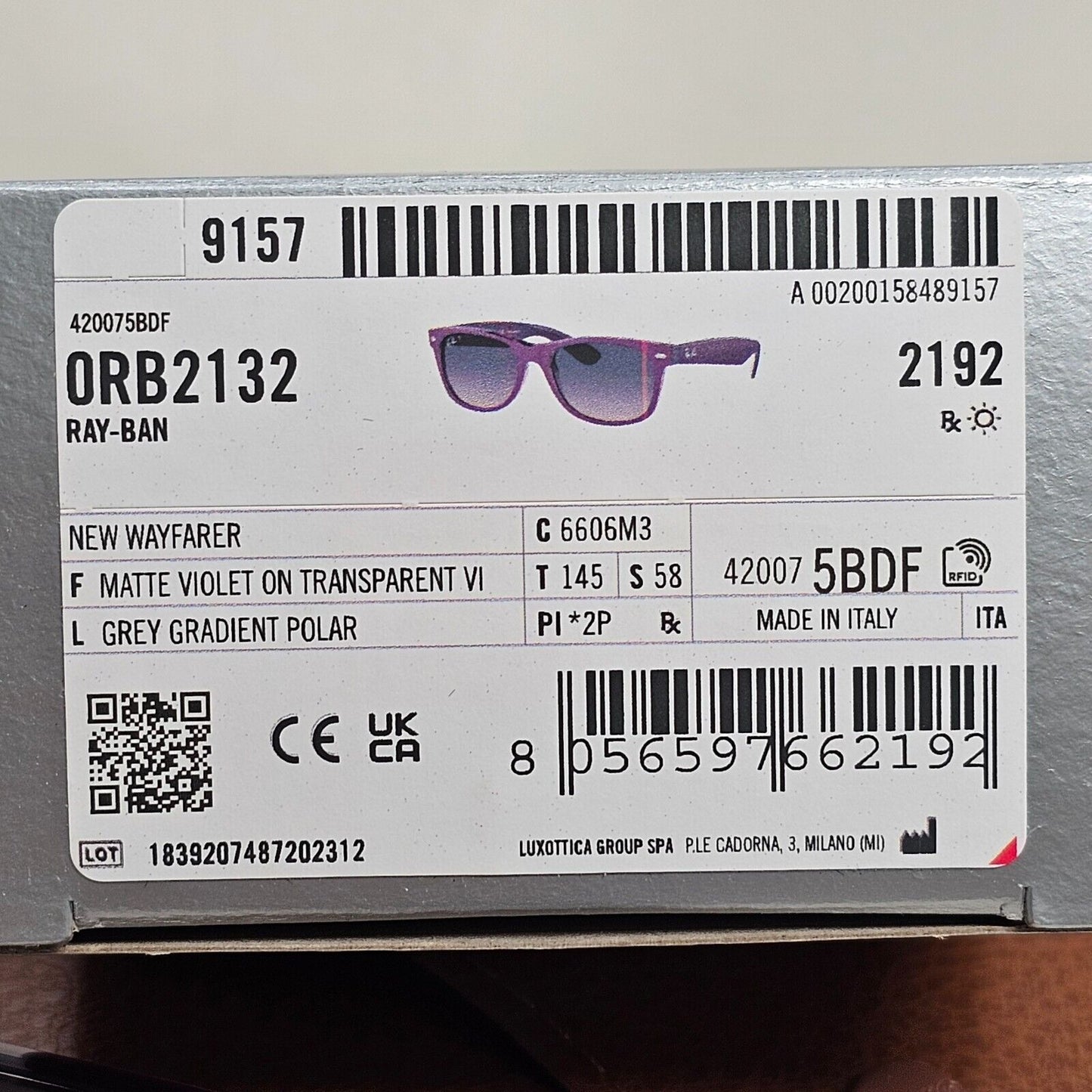 Ray-Ban Sunglasses Polarised New Wayfarer Grey Violet RB 2132 6606/M3 58mm Large