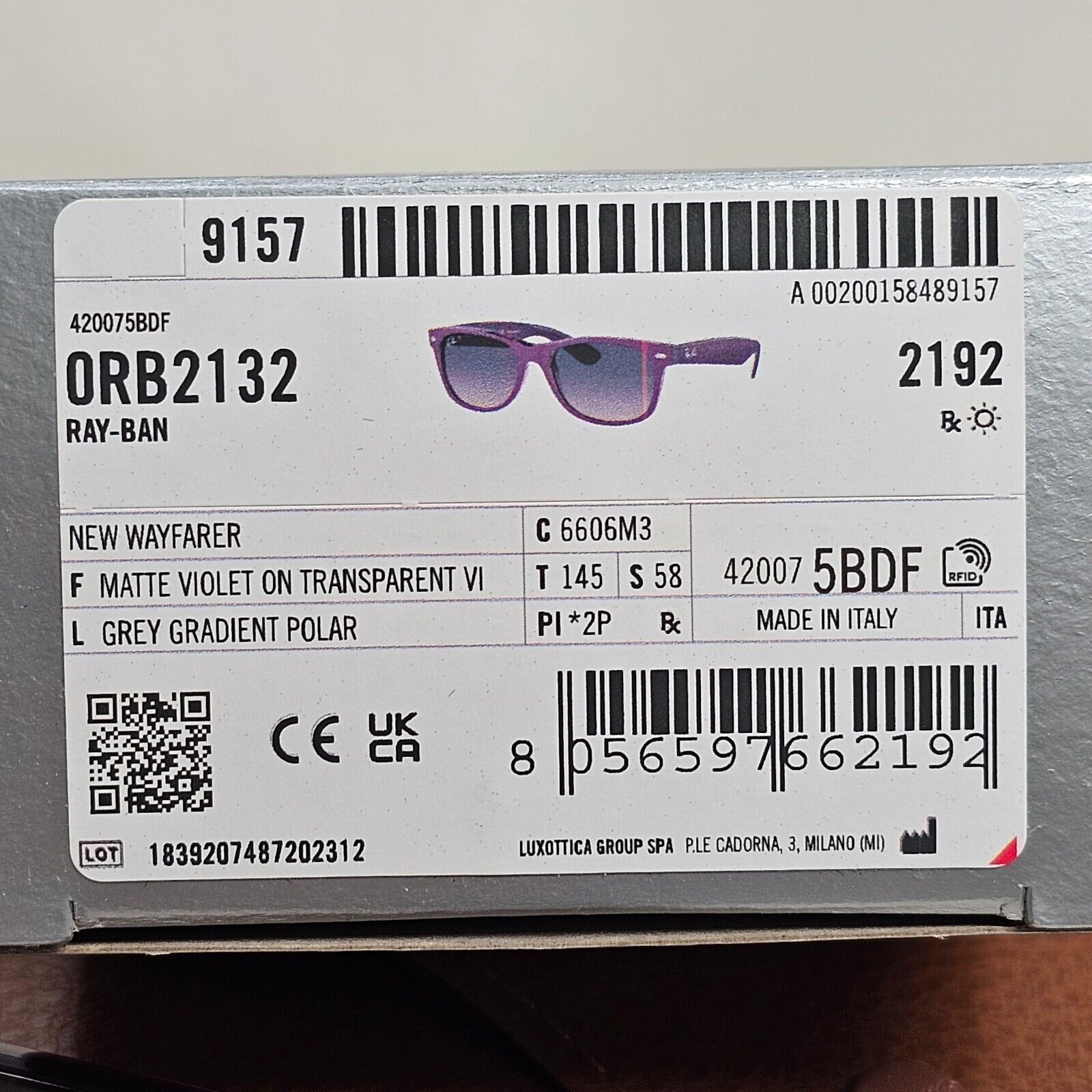 Ray-Ban Sunglasses Polarised New Wayfarer Grey Violet RB 2132 6606/M3 58mm Large