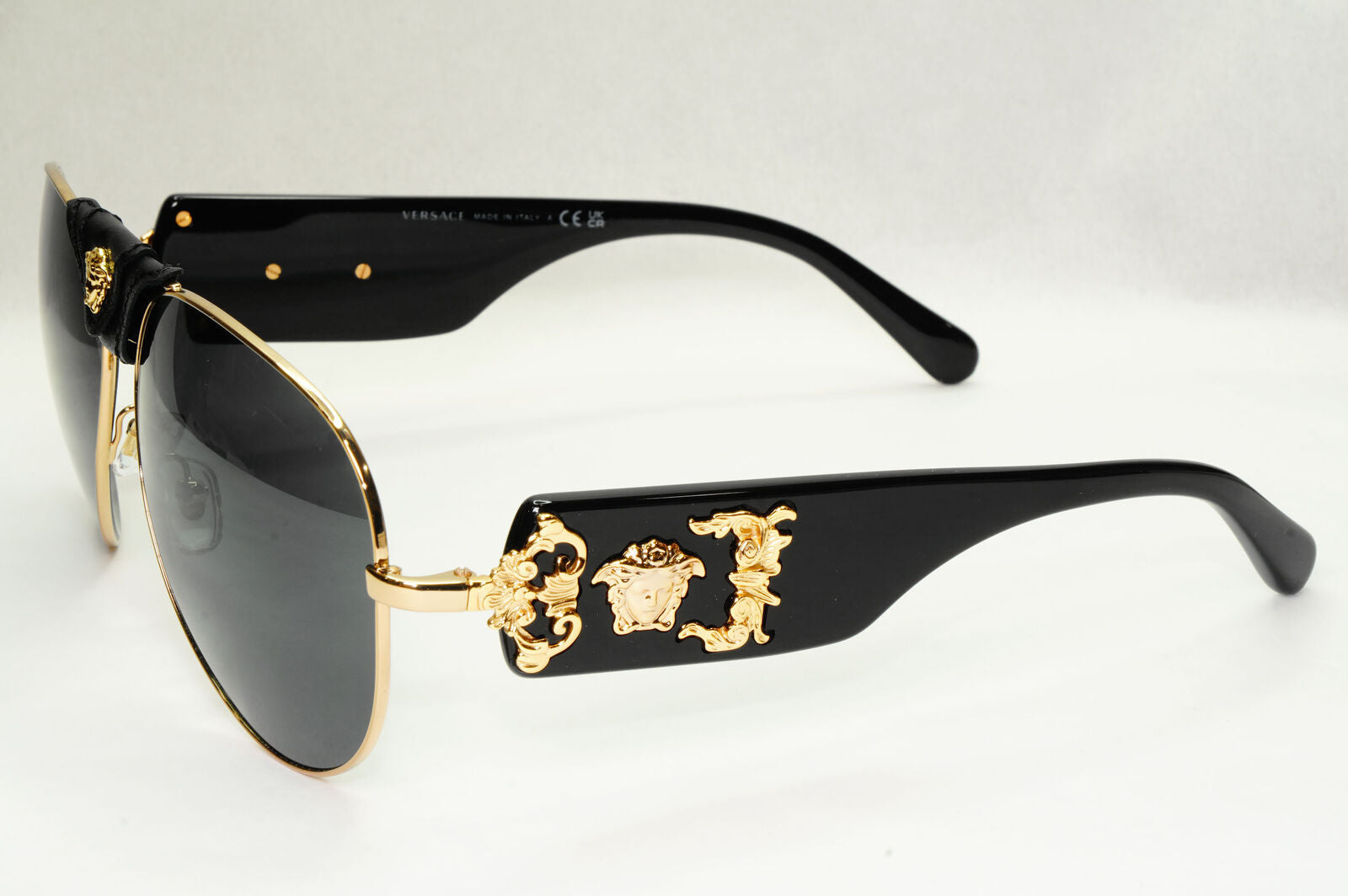Versace Sunglasses Black Gold Pilot Medusa Leather Ornate MOD VE 2150-Q 1002/87