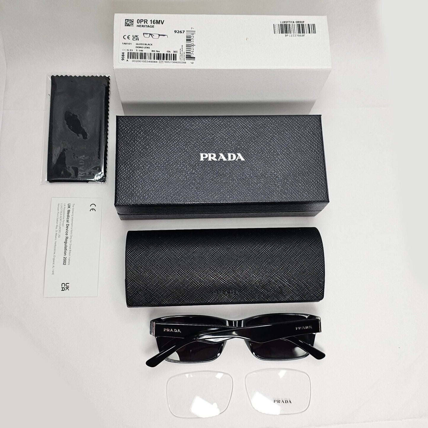 Prada Sunglasses Black Glossy Rectangle Square PR16MV VPR 16M 1AB-1O1 53mm